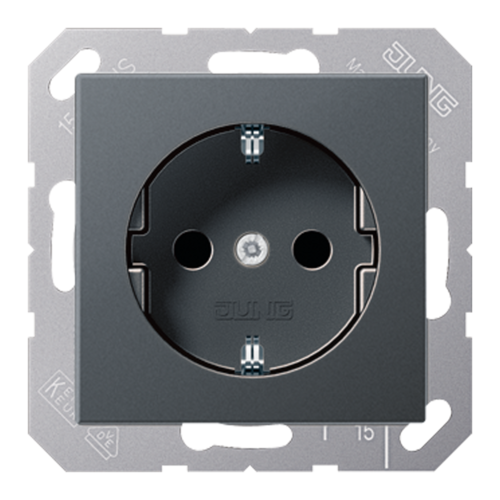 Розетка JUNG А-СЕРИЯ, скрытый монтаж, с заземлением, со шторками, матовый антрацит